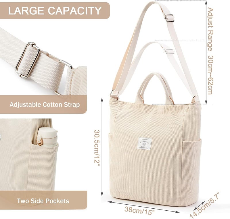 KALIDI Corduroy Tote Bag, Large Messenger Bag Shoulder Hobo Anti Splash Crossbody Zipper Bag Casual Work Shopping Women - Image 5